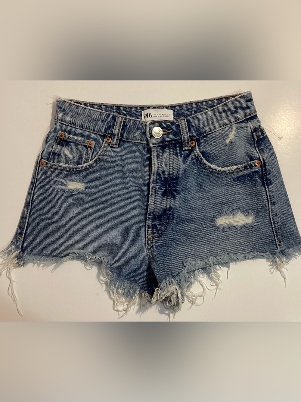 ZARA Distressed Medium Blue Frayed Denim Shorts